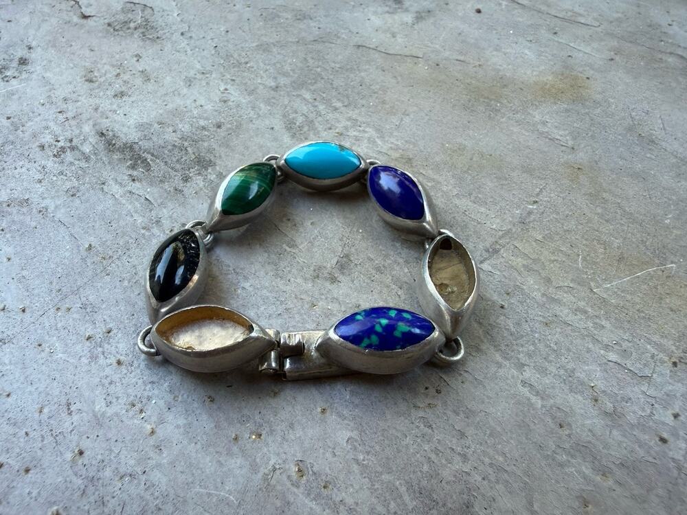 Vintage Mexican 950 Silver Link Bracelet Malachite Turquoise Lapis Onyx 7.25" TL